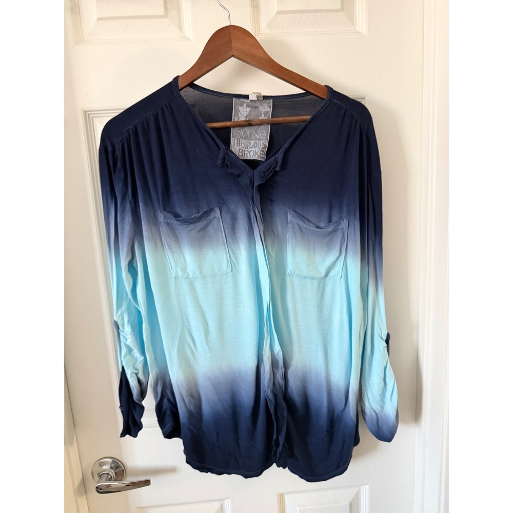 Young Fabulous & Broke Ombre Dip Dye Blue Long Sleeve Blouse Top Medium